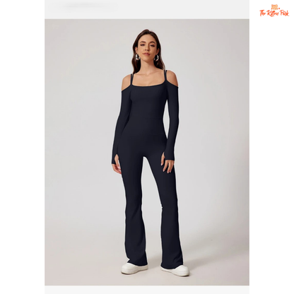 Women's full-sleeve yoga flared jumpsuit with utility pockets, quick-dry nylon-spandex fabric, ideal for running, yoga, and gym workouts year-round.