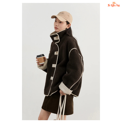 Reversible faux lamb fur jacket for women with patchwork design, turtleneck collar, and single-breasted closure for warm winter streetwear style.