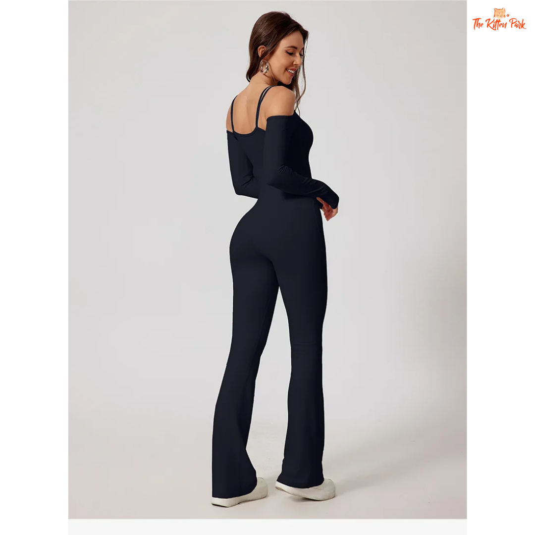 Women's full-sleeve yoga flared jumpsuit with utility pockets, quick-dry nylon-spandex fabric, ideal for running, yoga, and gym workouts year-round.