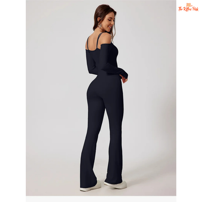 Women's full-sleeve yoga flared jumpsuit with utility pockets, quick-dry nylon-spandex fabric, ideal for running, yoga, and gym workouts year-round.