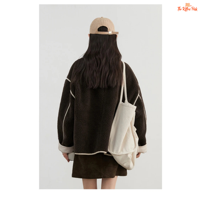 Reversible faux lamb fur jacket for women with patchwork design, turtleneck collar, and single-breasted closure for warm winter streetwear style.