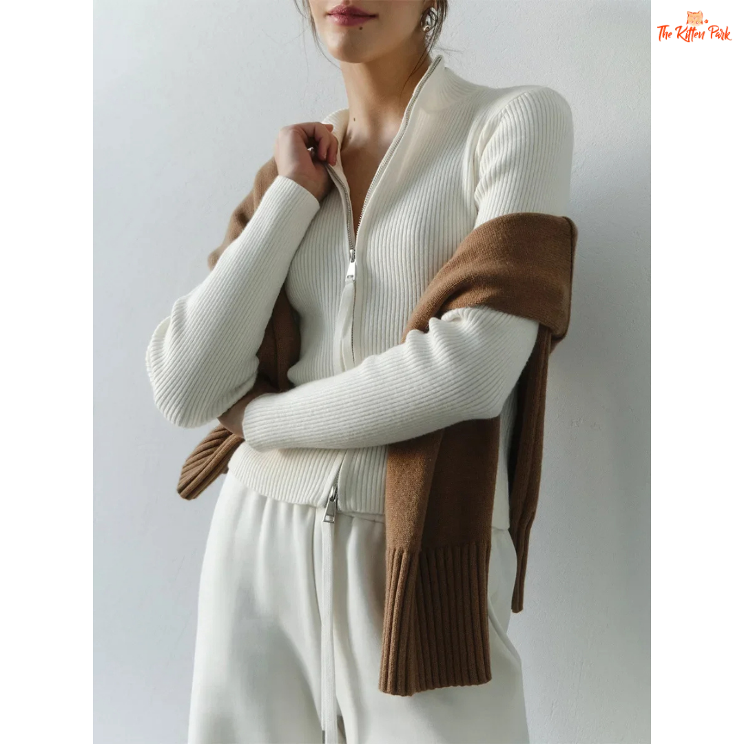 A women’s slim fit knit cardigan with a stand collar, long sleeves, and double zipper closure in a versatile office-ready style.