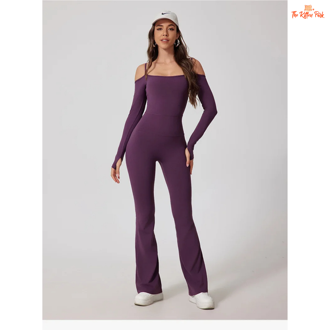 Women's full-sleeve yoga flared jumpsuit with utility pockets, quick-dry nylon-spandex fabric, ideal for running, yoga, and gym workouts year-round.