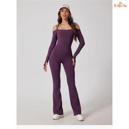 Women's full-sleeve yoga flared jumpsuit with utility pockets, quick-dry nylon-spandex fabric, ideal for running, yoga, and gym workouts year-round.