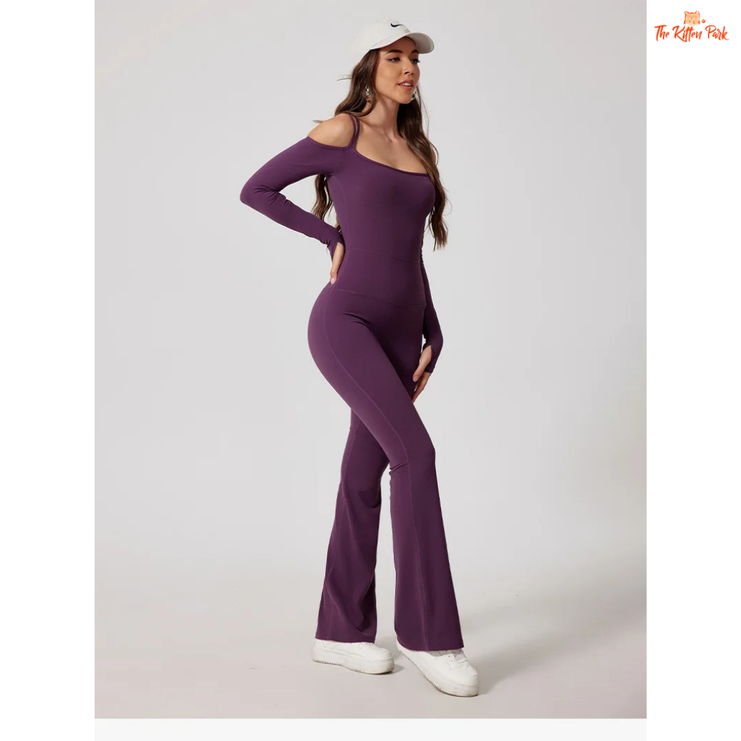 Women's full-sleeve yoga flared jumpsuit with utility pockets, quick-dry nylon-spandex fabric, ideal for running, yoga, and gym workouts year-round.