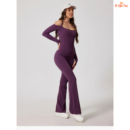 Women's full-sleeve yoga flared jumpsuit with utility pockets, quick-dry nylon-spandex fabric, ideal for running, yoga, and gym workouts year-round.