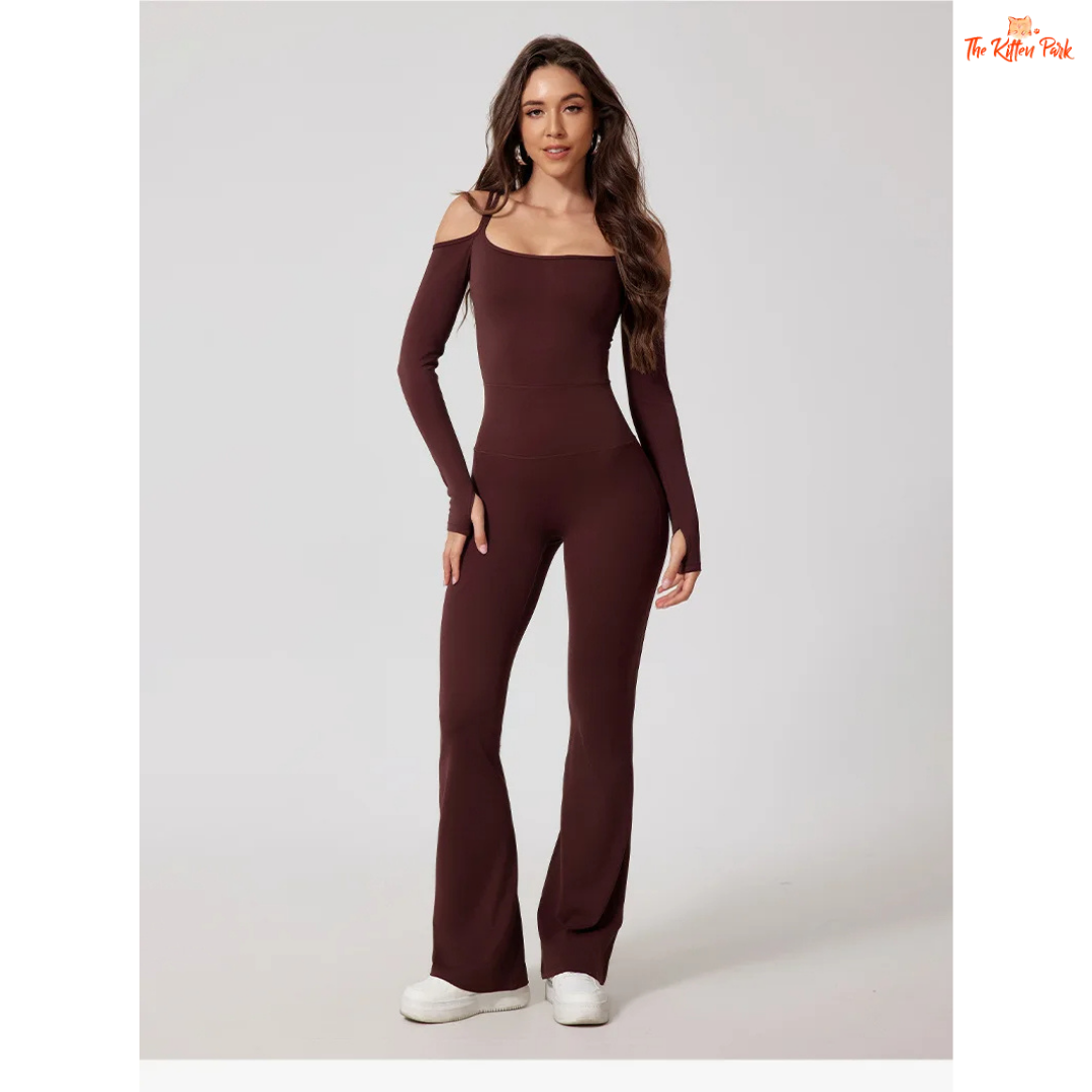 Women's full-sleeve yoga flared jumpsuit with utility pockets, quick-dry nylon-spandex fabric, ideal for running, yoga, and gym workouts year-round.