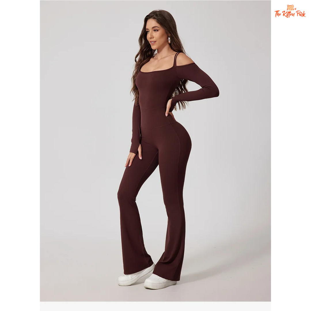 Women's full-sleeve yoga flared jumpsuit with utility pockets, quick-dry nylon-spandex fabric, ideal for running, yoga, and gym workouts year-round.