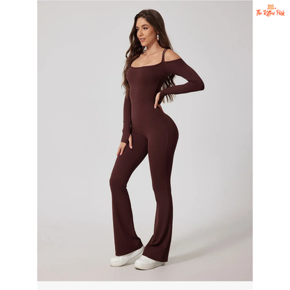 Women's full-sleeve yoga flared jumpsuit with utility pockets, quick-dry nylon-spandex fabric, ideal for running, yoga, and gym workouts year-round.