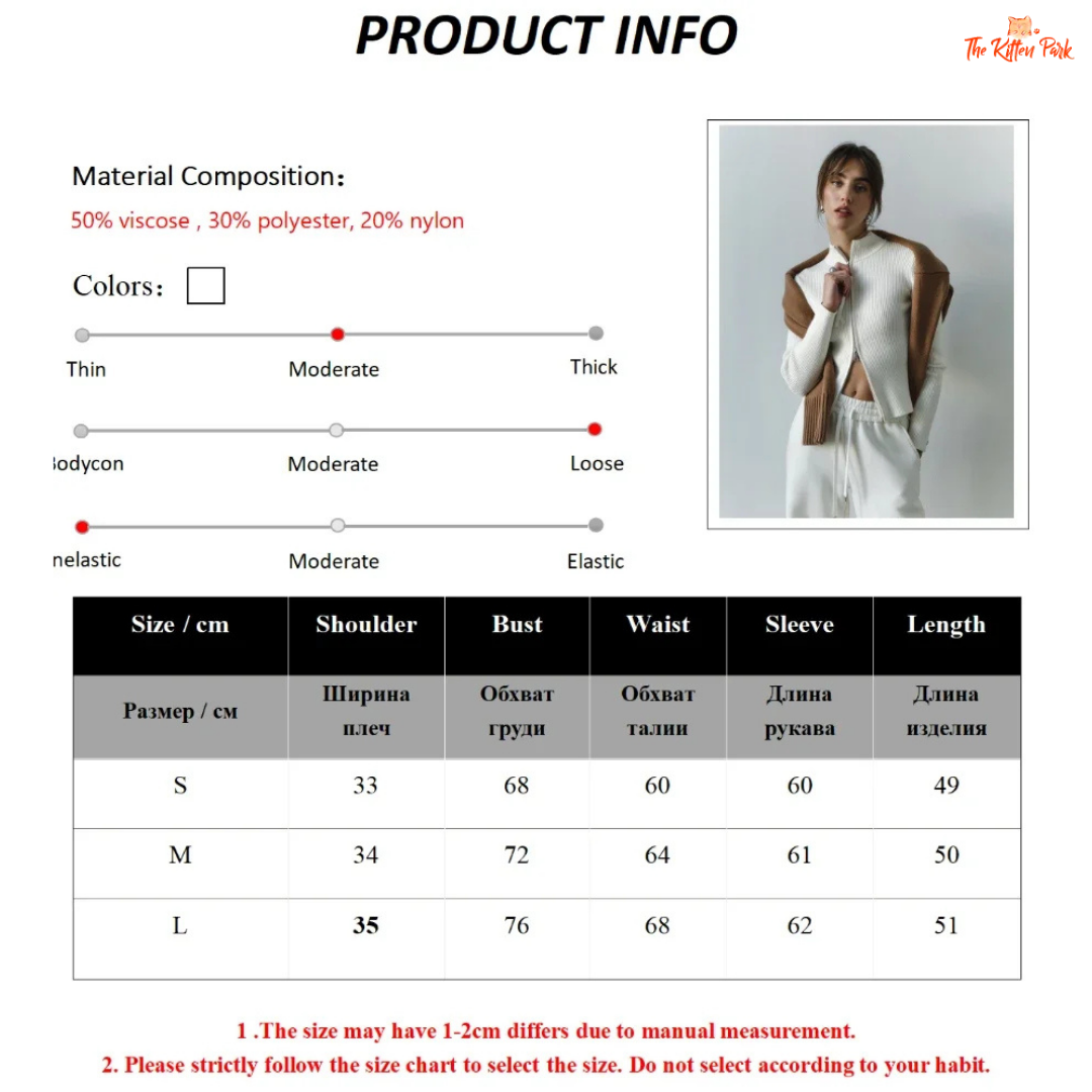 Product information sheet with material composition, color options, and size chart for a garment.
