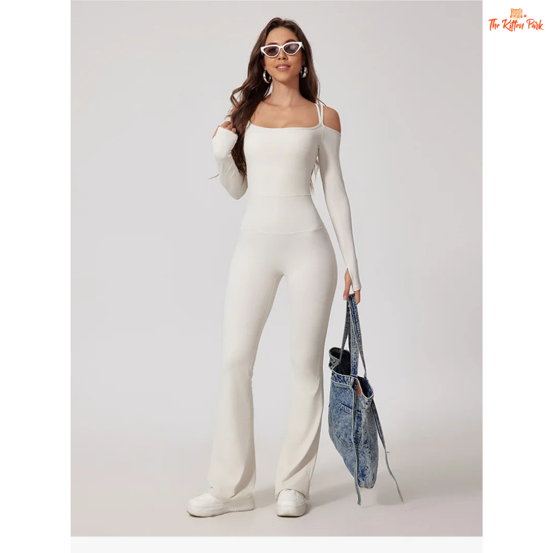 Women's full-sleeve yoga flared jumpsuit with utility pockets, quick-dry nylon-spandex fabric, ideal for running, yoga, and gym workouts year-round.