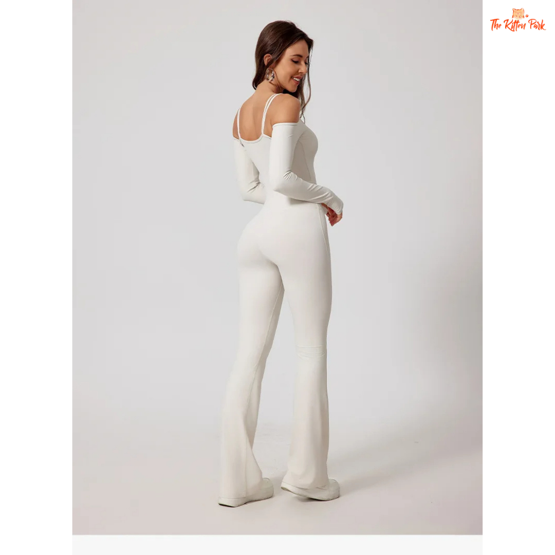 Women's full-sleeve yoga flared jumpsuit with utility pockets, quick-dry nylon-spandex fabric, ideal for running, yoga, and gym workouts year-round.