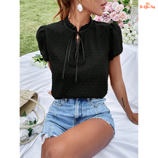 Short-sleeve women's summer blouse with a bow tie collar, made of lightweight polyester in a solid color for a casual yet elegant look.
