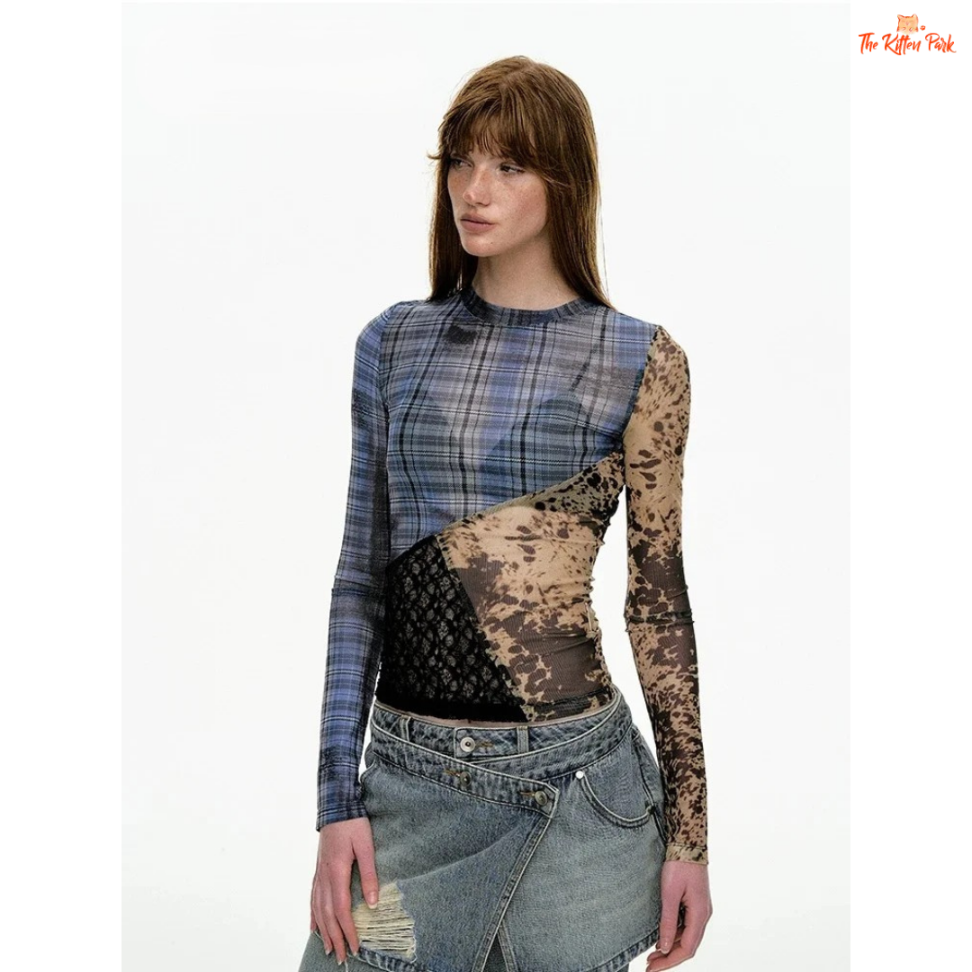 See-through vintage mesh top with plaid patchwork and long sleeves, styled in slim fit with a denim blue aesthetic for high street layering.