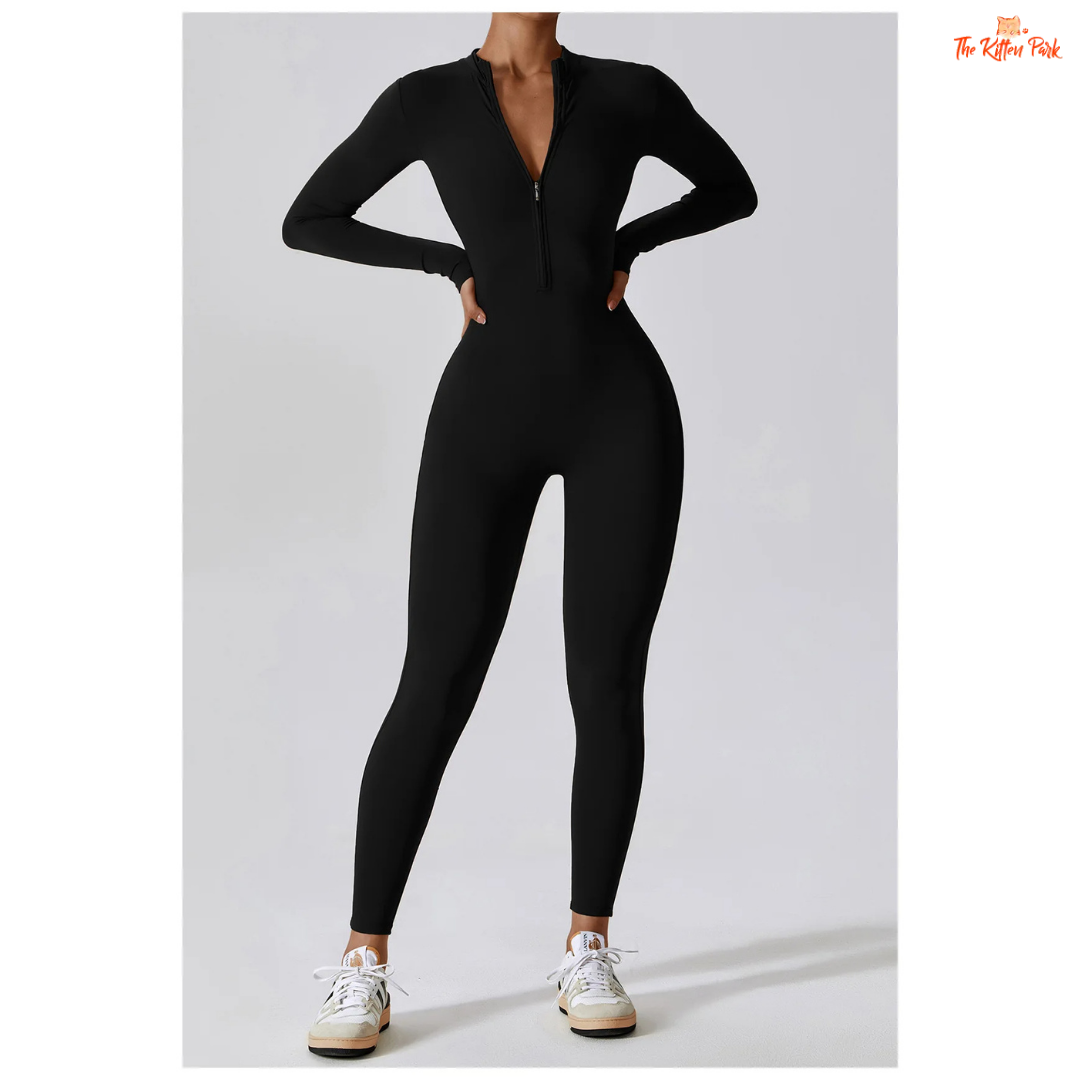 Women's one-piece zipper workout jumpsuit with full sleeves, made of quick-dry nylon and spandex, ideal for yoga, running, and year-round training.