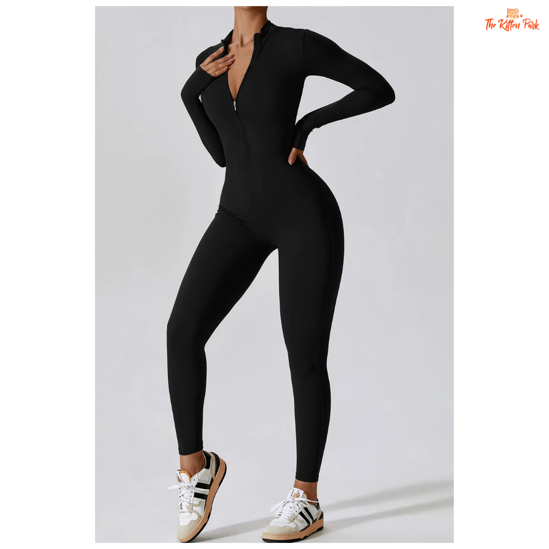 Women's one-piece zipper workout jumpsuit with full sleeves, made of quick-dry nylon and spandex, ideal for yoga, running, and year-round training.