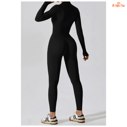 Women's one-piece zipper workout jumpsuit with full sleeves, made of quick-dry nylon and spandex, ideal for yoga, running, and year-round training.