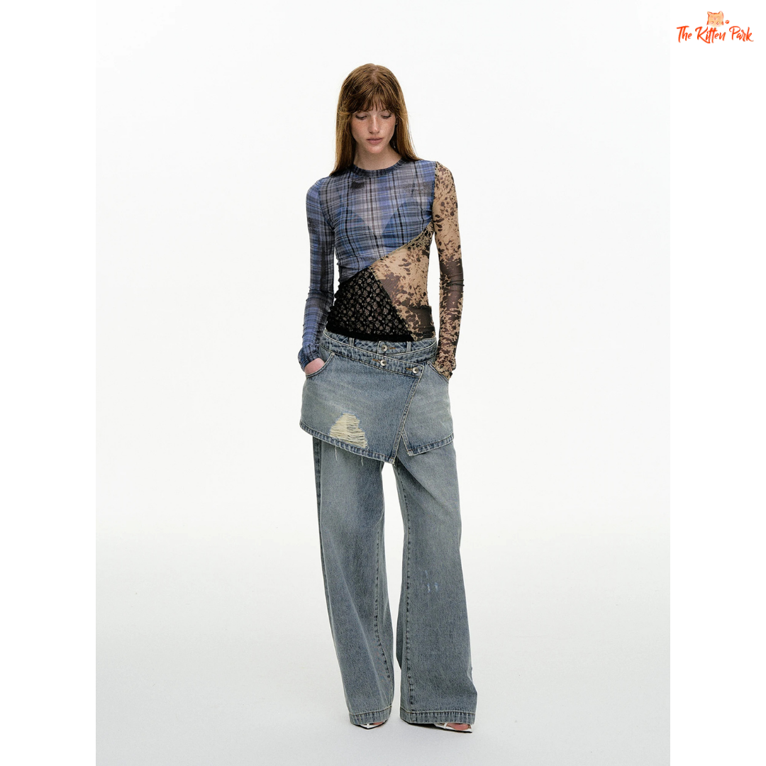 See-through vintage mesh top with plaid patchwork and long sleeves, styled in slim fit with a denim blue aesthetic for high street layering.