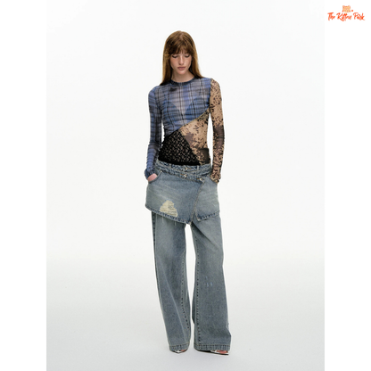 See-through vintage mesh top with plaid patchwork and long sleeves, styled in slim fit with a denim blue aesthetic for high street layering.