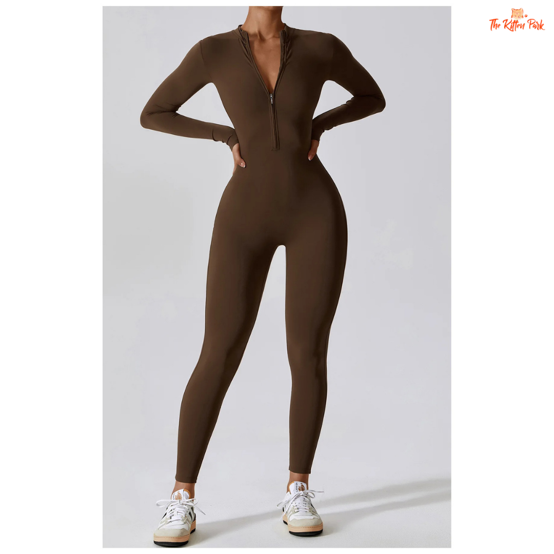 Women's one-piece zipper workout jumpsuit with full sleeves, made of quick-dry nylon and spandex, ideal for yoga, running, and year-round training.