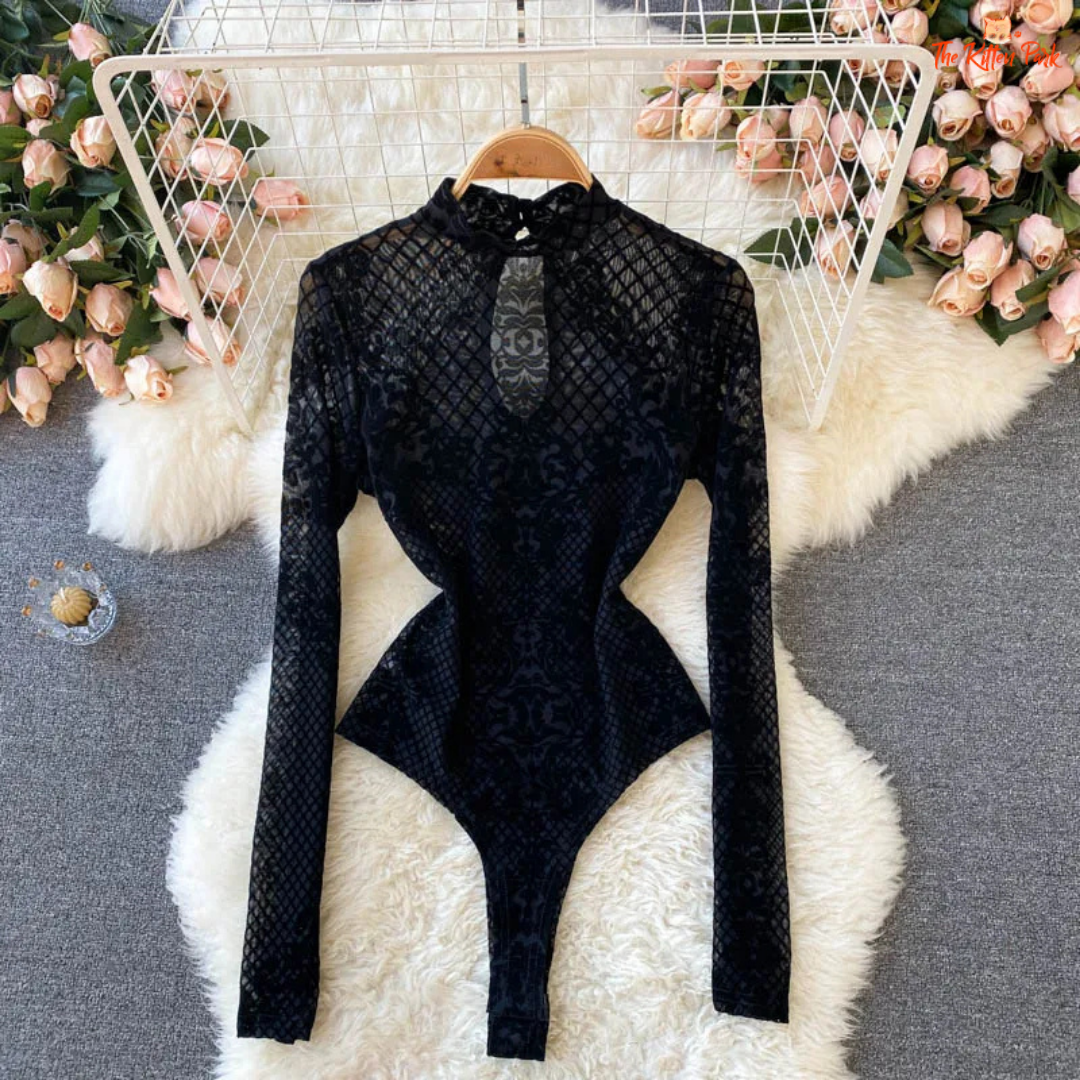 Sexy black backless mesh bodysuit with geometric flocking, long sleeves, and slim fit design for women’s spring and summer streetwear.