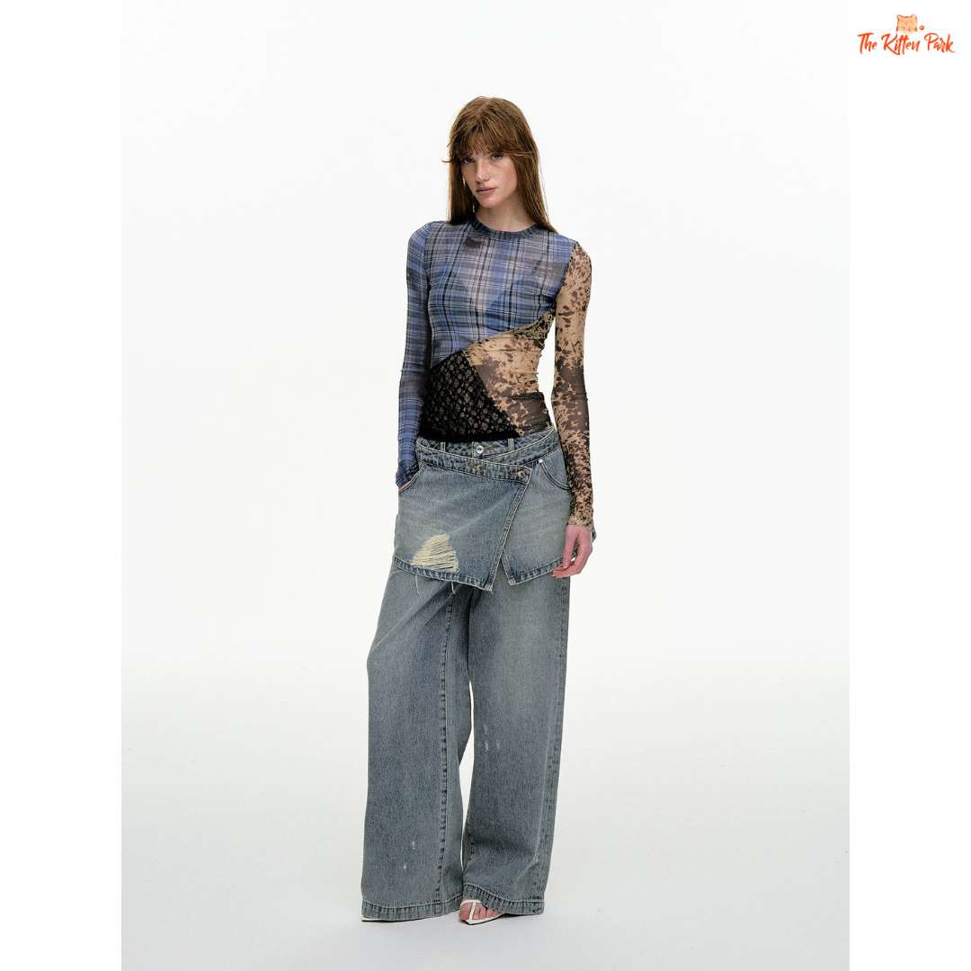 See-through vintage mesh top with plaid patchwork and long sleeves, styled in slim fit with a denim blue aesthetic for high street layering.