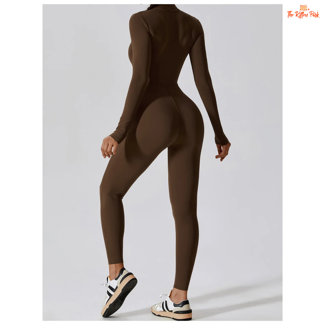 Women's one-piece zipper workout jumpsuit with full sleeves, made of quick-dry nylon and spandex, ideal for yoga, running, and year-round training.