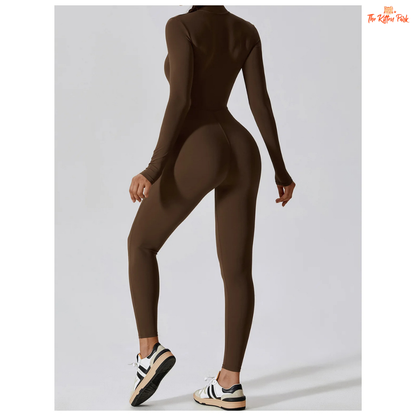 Women's one-piece zipper workout jumpsuit with full sleeves, made of quick-dry nylon and spandex, ideal for yoga, running, and year-round training.