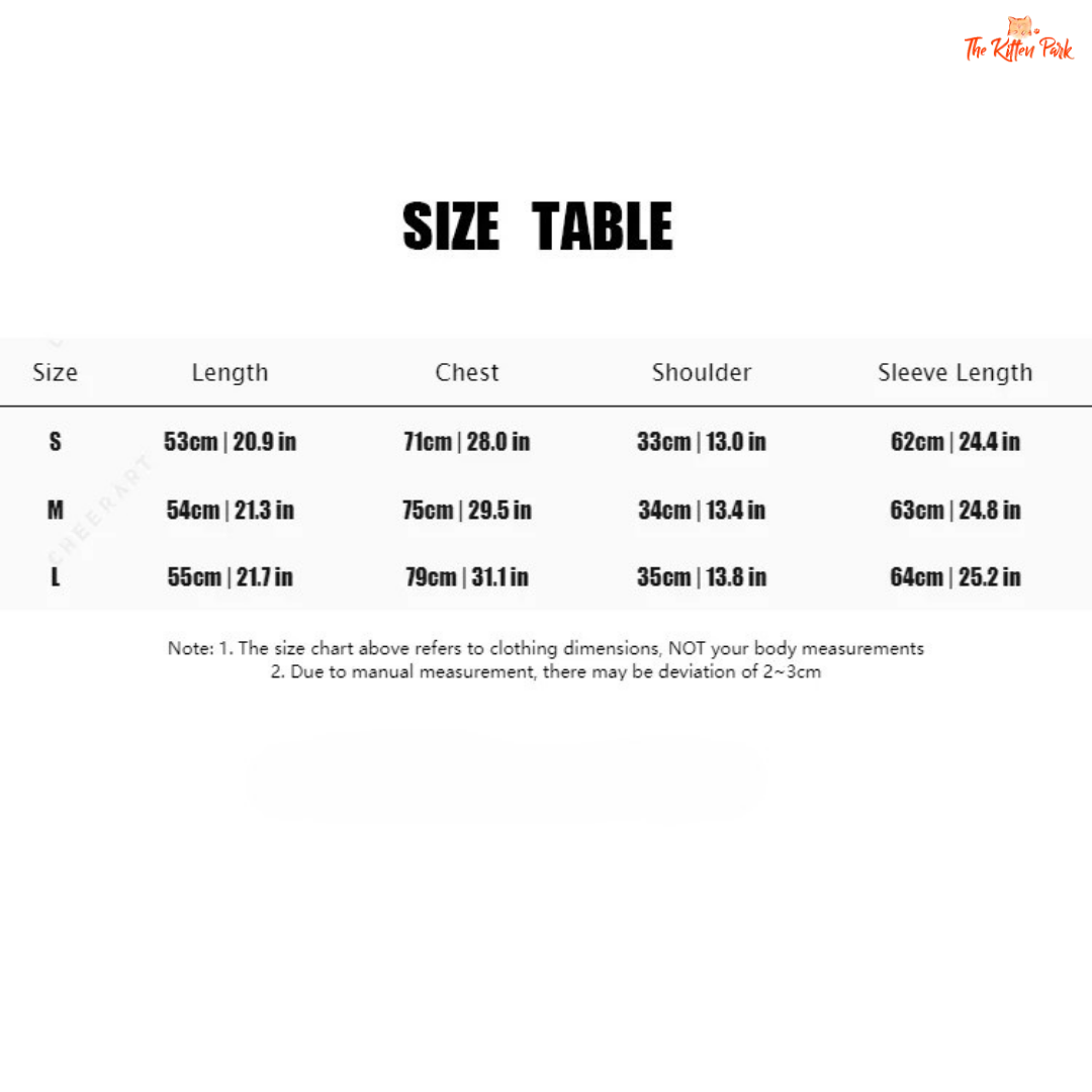 Size chart for clothing with dimensions in centimeters and inches.