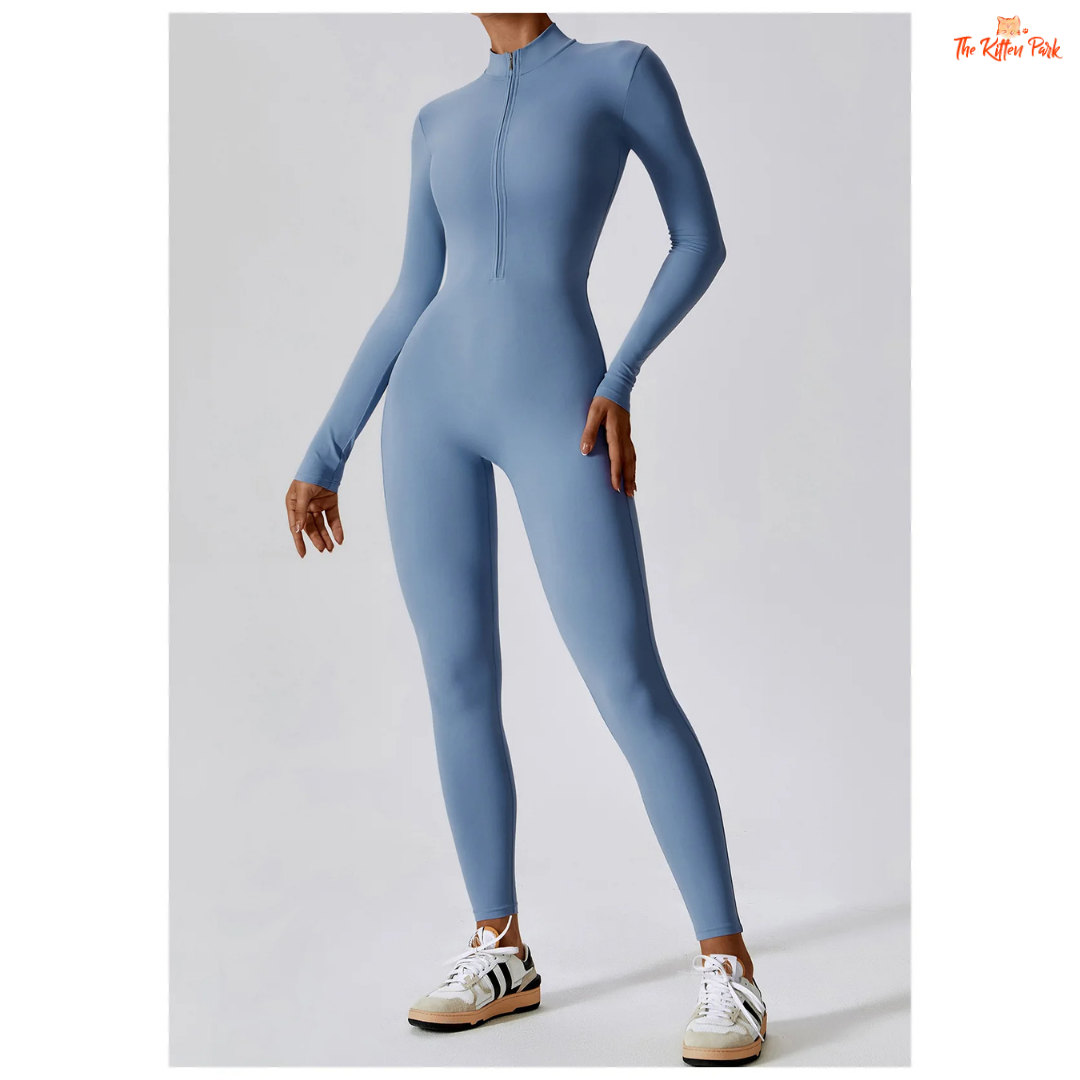 Women's one-piece zipper workout jumpsuit with full sleeves, made of quick-dry nylon and spandex, ideal for yoga, running, and year-round training.