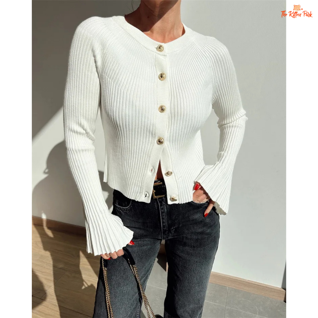 A women’s ribbed knit slim-fit cardigan with long sleeves, flare cuffs, and button closure, styled for chic high-street fashion.