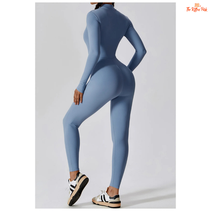 Women's one-piece zipper workout jumpsuit with full sleeves, made of quick-dry nylon and spandex, ideal for yoga, running, and year-round training.
