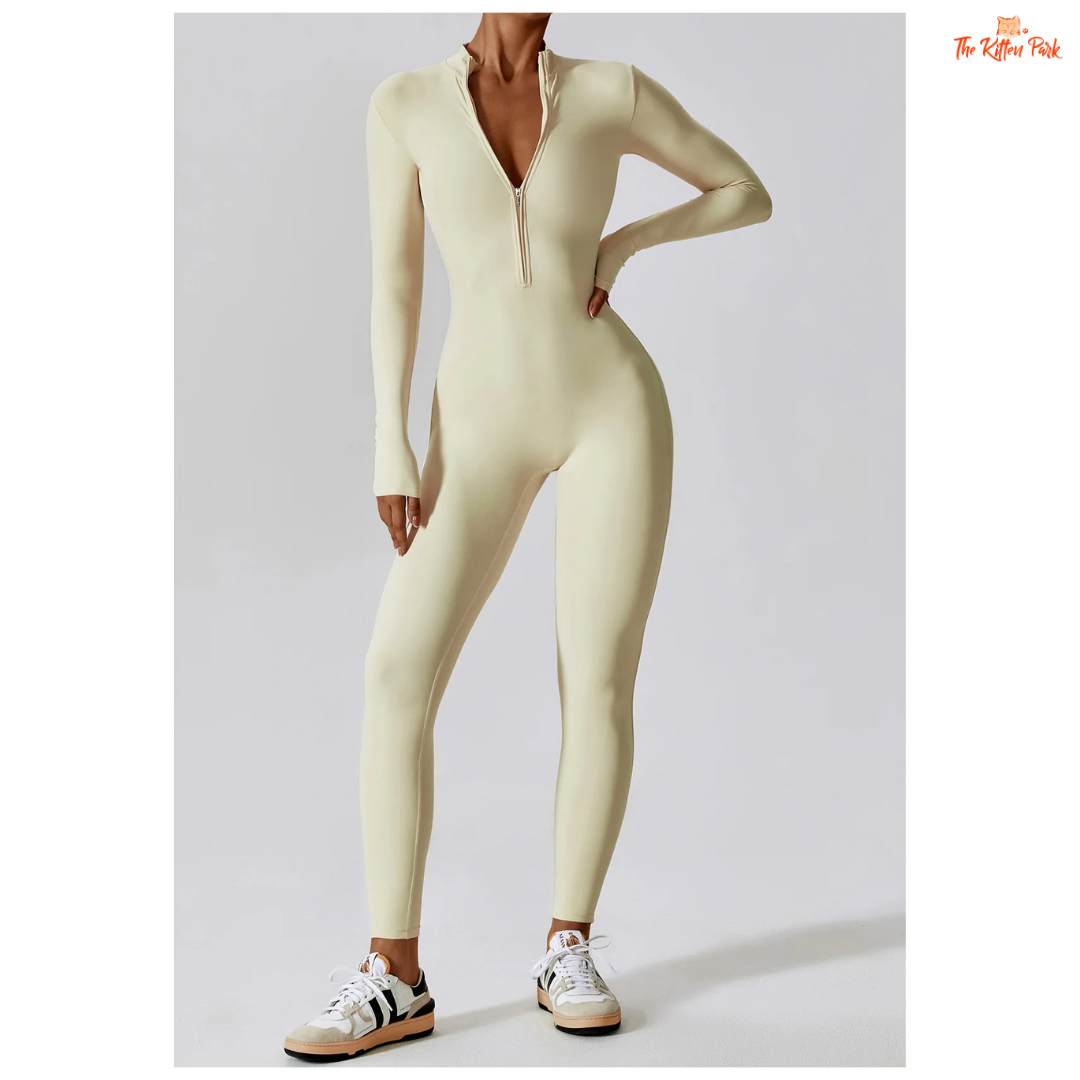 Women's one-piece zipper workout jumpsuit with full sleeves, made of quick-dry nylon and spandex, ideal for yoga, running, and year-round training.