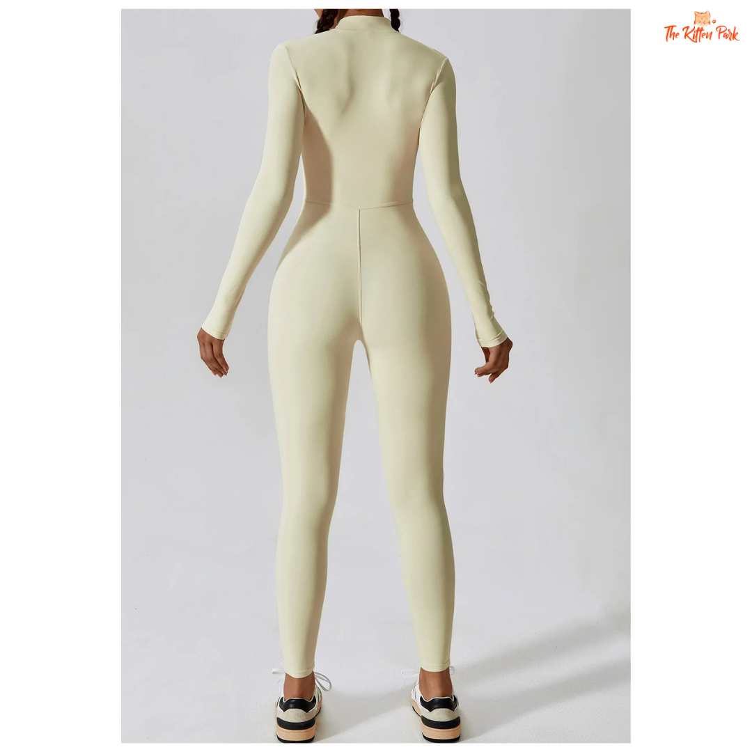 Women's one-piece zipper workout jumpsuit with full sleeves, made of quick-dry nylon and spandex, ideal for yoga, running, and year-round training.