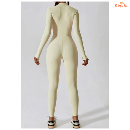 Women's one-piece zipper workout jumpsuit with full sleeves, made of quick-dry nylon and spandex, ideal for yoga, running, and year-round training.