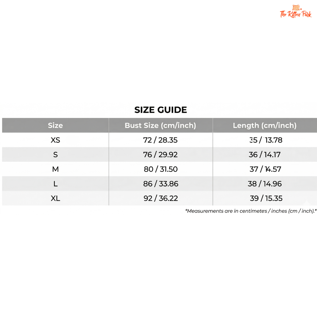 Size guide chart for clothing with bust and length measurements in centimeters and inches.