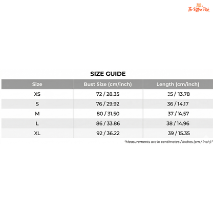 Size guide chart for clothing with bust and length measurements in centimeters and inches.