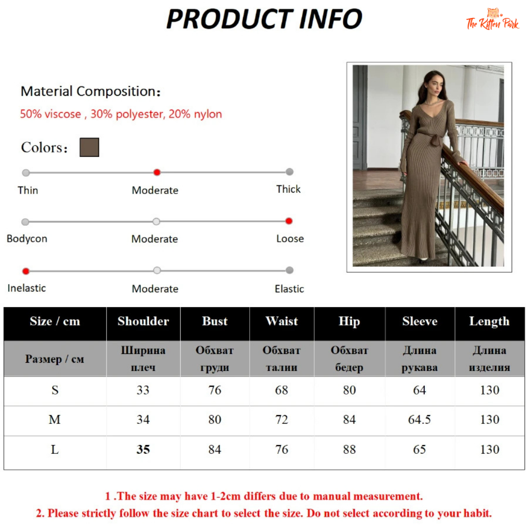 Product information sheet with a woman in a long dress, material composition details, color options, and size chart.