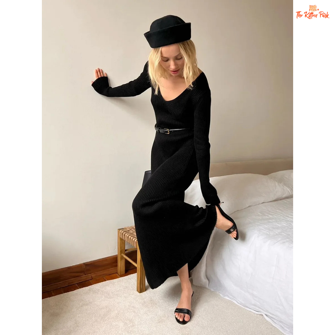 Knitted V-Neck Maxi Dress for women, ankle-length straight silhouette, long sleeves, pullover closure, viscose-polyester-nylon blend, autumn/winter wear.