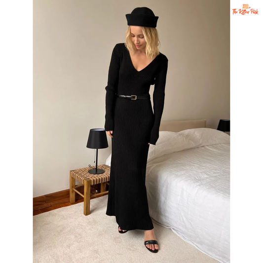 Knitted V-Neck Maxi Dress for women, ankle-length straight silhouette, long sleeves, pullover closure, viscose-polyester-nylon blend, autumn/winter wear.