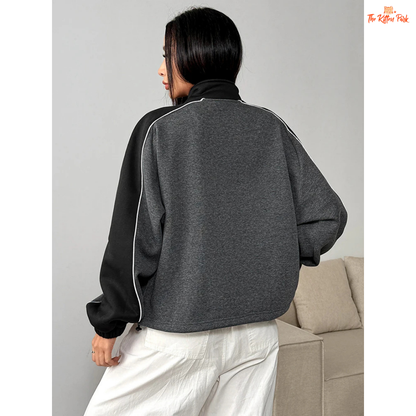 A women’s thick knitted zipper coat featuring a patchwork design, turn-down collar, and full front zipper