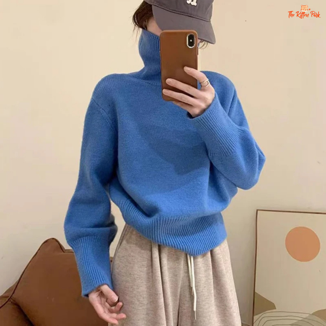 Korean Ribbed Turtleneck Knitted Sweater Women Winter Loose Warm Jumper with ribbed texture, pullover design, and casual winter style.