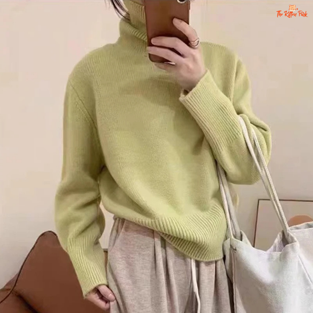 Korean Ribbed Turtleneck Knitted Sweater Women Winter Loose Warm Jumper with ribbed texture, pullover design, and casual winter style.
