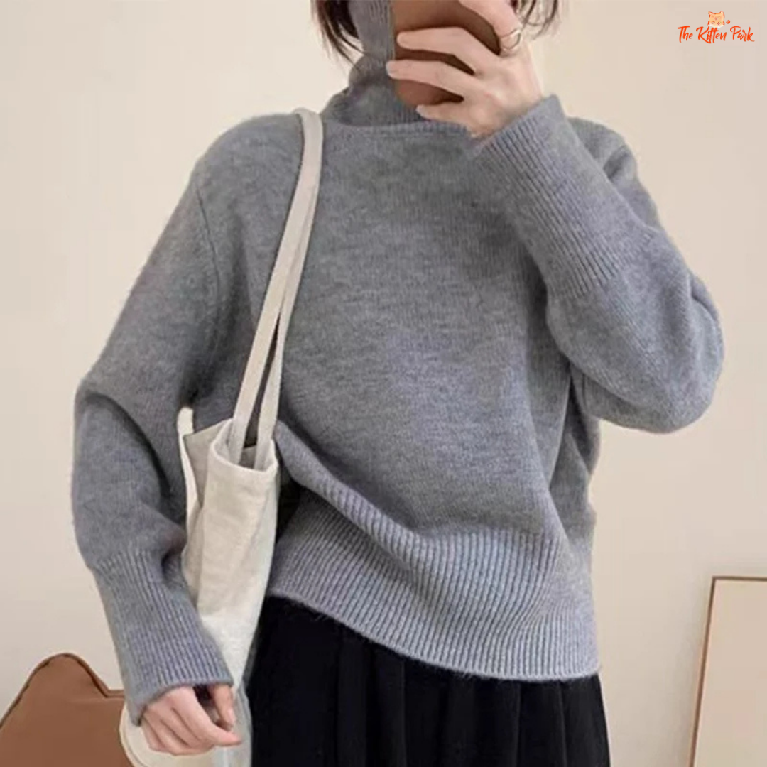 Korean Ribbed Turtleneck Knitted Sweater Women Winter Loose Warm Jumper with ribbed texture, pullover design, and casual winter style.