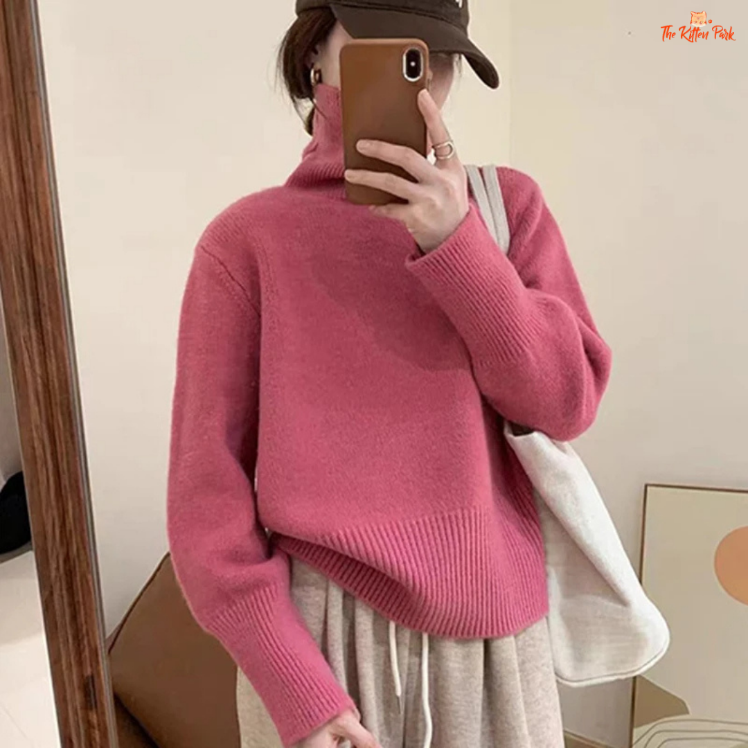 Korean Ribbed Turtleneck Knitted Sweater Women Winter Loose Warm Jumper with ribbed texture, pullover design, and casual winter style.