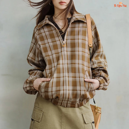 Vintage khaki plaid jacket for women with turn-down collar, loose fit, single-breasted closure, and casual style for spring and autumn wear.