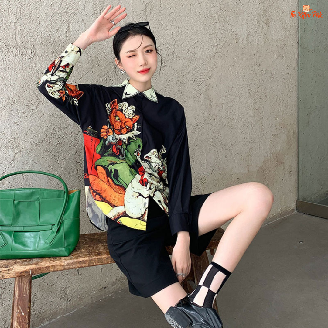 Black aesthetic print shirt for women with a collared button-up design, long sleeves, and sleek silhouette—styled for autumn and winter streetwear.