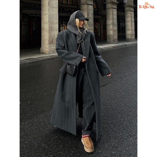 Women's vintage striped wool blend oversized coat with double-breasted closure, long sleeves, and turn-down collar for autumn and winter.