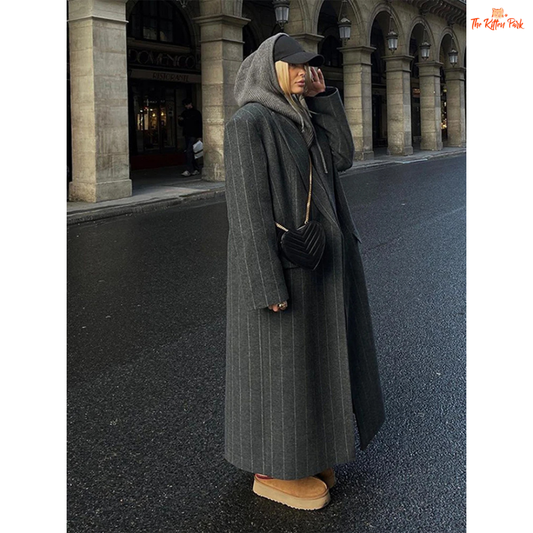 Women's vintage striped wool blend oversized coat with double-breasted closure, long sleeves, and turn-down collar for autumn and winter.