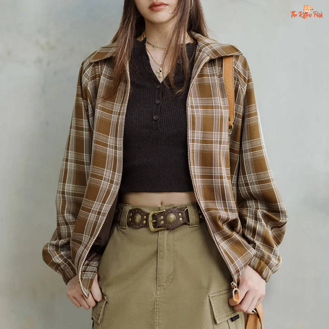 Vintage khaki plaid jacket for women with turn-down collar, loose fit, single-breasted closure, and casual style for spring and autumn wear.